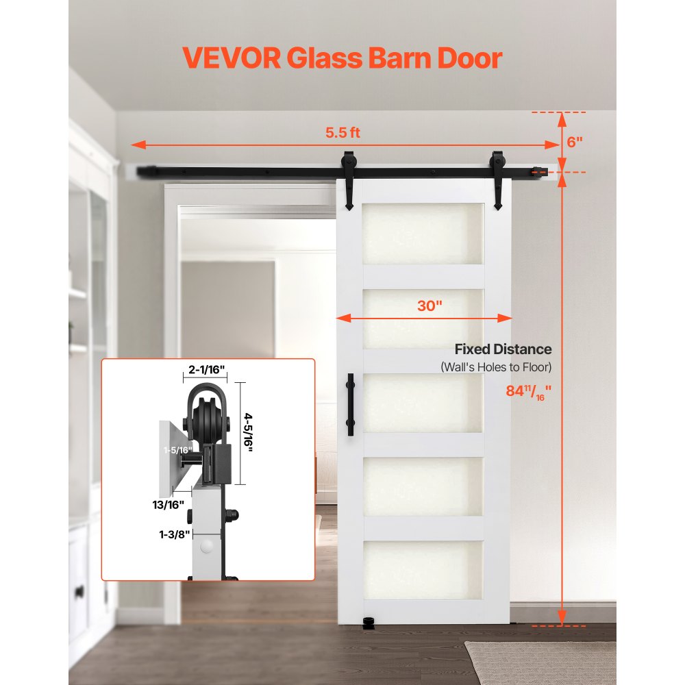 VEVOR Schiebetür im Scheunenstil Schiebetürsystem (762 x 2134 mm) aus hochfesten MDF-Platten & Milchglas, Scheunentor mit Hardware-Kit & wasserfester PVC-Oberfläche & H-Rahmen für Badezimmer