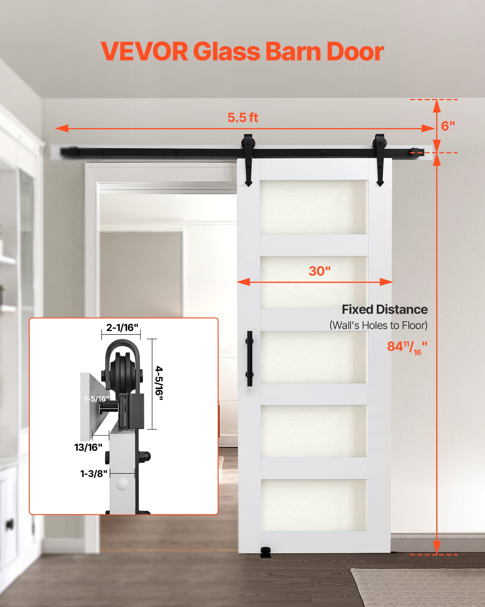VEVOR Schiebetür im Scheunenstil Schiebetürsystem (762 x 2134 mm) aus hochfesten MDF-Platten & Milchglas, Scheunentor mit Hardware-Kit & wasserfester PVC-Oberfläche & H-Rahmen für Badezimmer