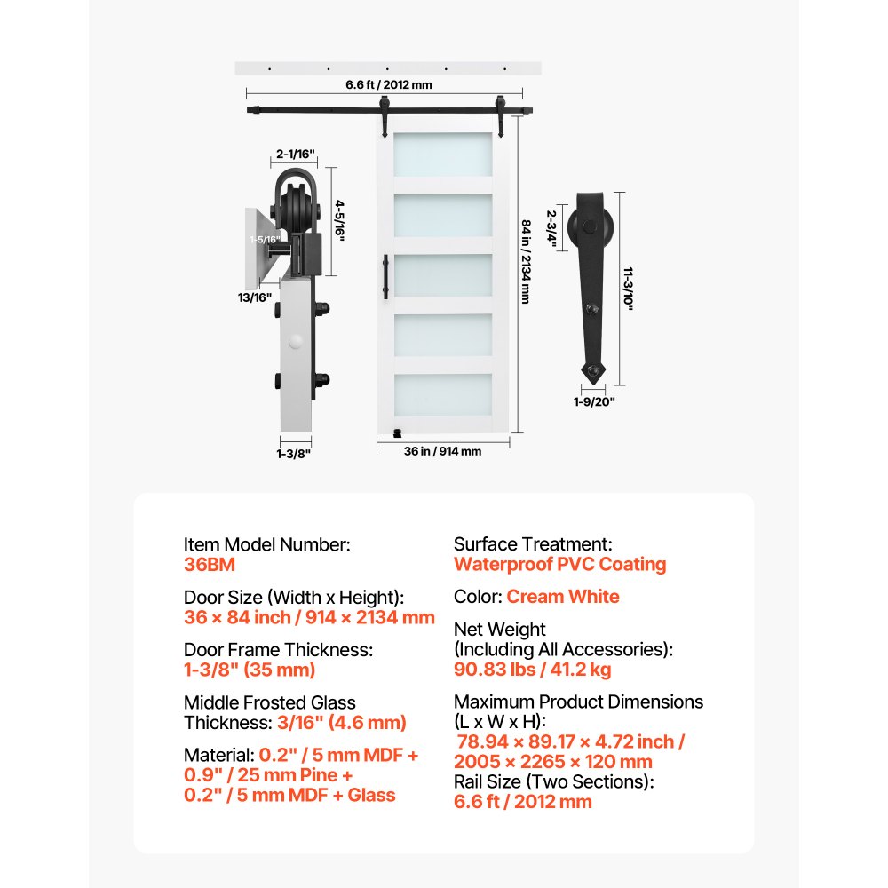 VEVOR Schiebetür im Scheunenstil Schiebetürsystem (914 x 2134 mm) aus hochfesten MDF-Platten & Milchglas, Scheunentor mit Hardware-Kit & wasserfester PVC-Oberfläche & H-Rahmen für Badezimmer