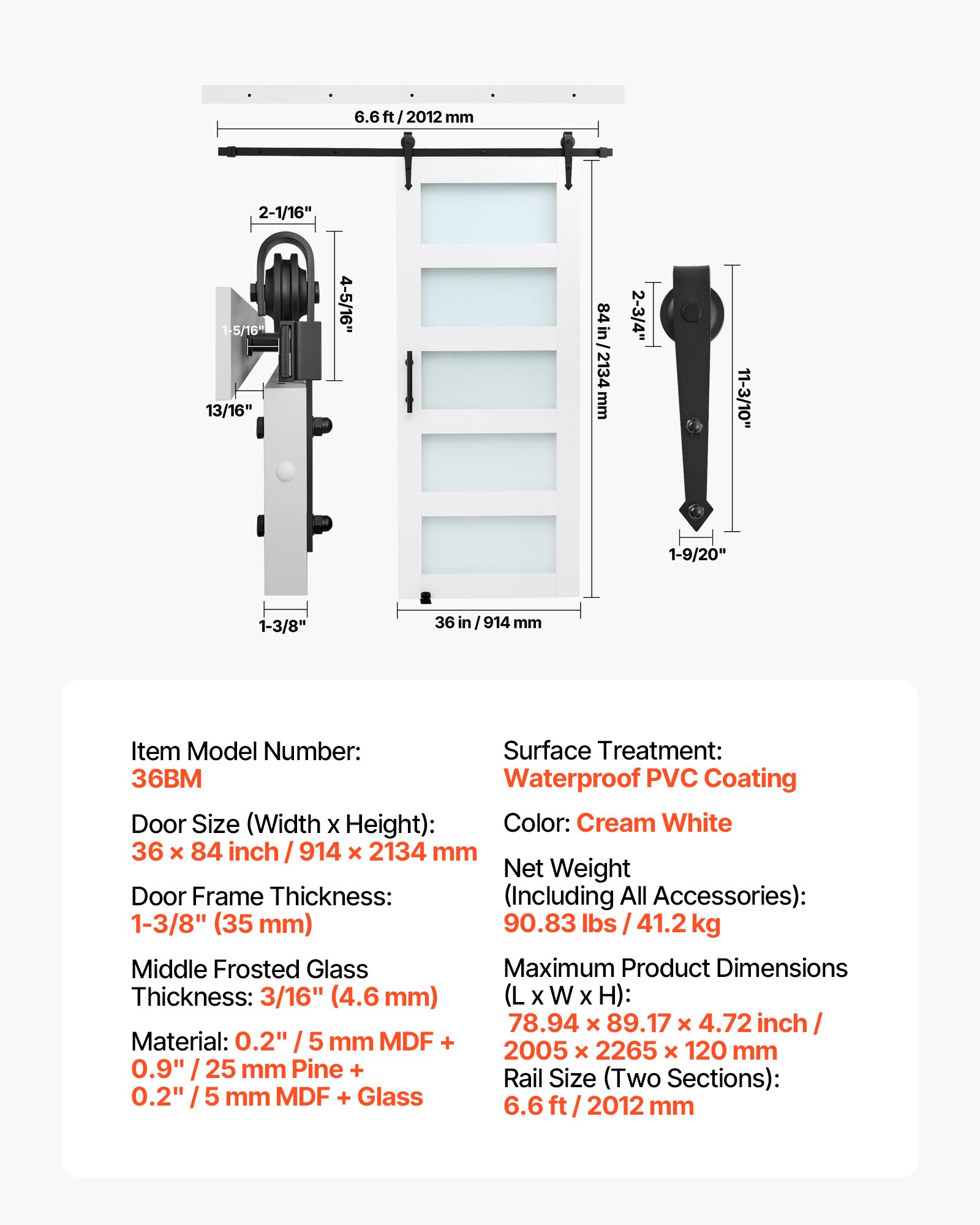 VEVOR Schiebetür im Scheunenstil Schiebetürsystem (914 x 2134 mm) aus hochfesten MDF-Platten & Milchglas, Scheunentor mit Hardware-Kit & wasserfester PVC-Oberfläche & H-Rahmen für Badezimmer