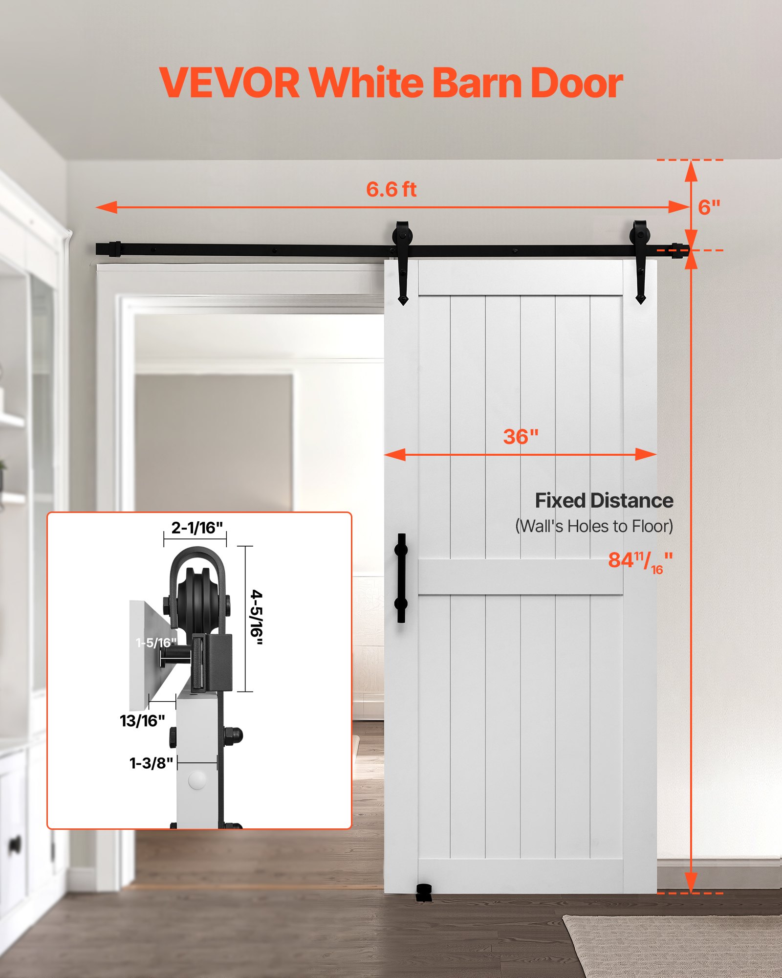 VEVOR Schiebetür im Scheunenstil Schiebetürsystem (914 x 2134 mm) aus hochfesten MDF-Platten, Scheunentor mit Hardware-Kit & wasserfester PVC-Oberfläche & H-Rahmen für Wohnzimmer Badezimmer Weiß
