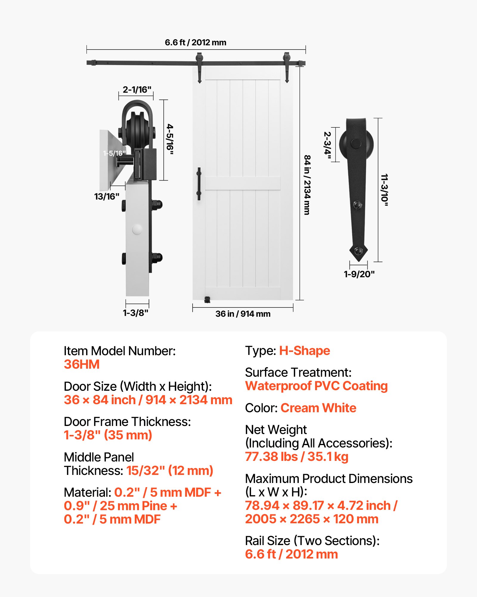 VEVOR Schiebetür im Scheunenstil Schiebetürsystem (914 x 2134 mm) aus hochfesten MDF-Platten, Scheunentor mit Hardware-Kit & wasserfester PVC-Oberfläche & H-Rahmen für Wohnzimmer Badezimmer Weiß