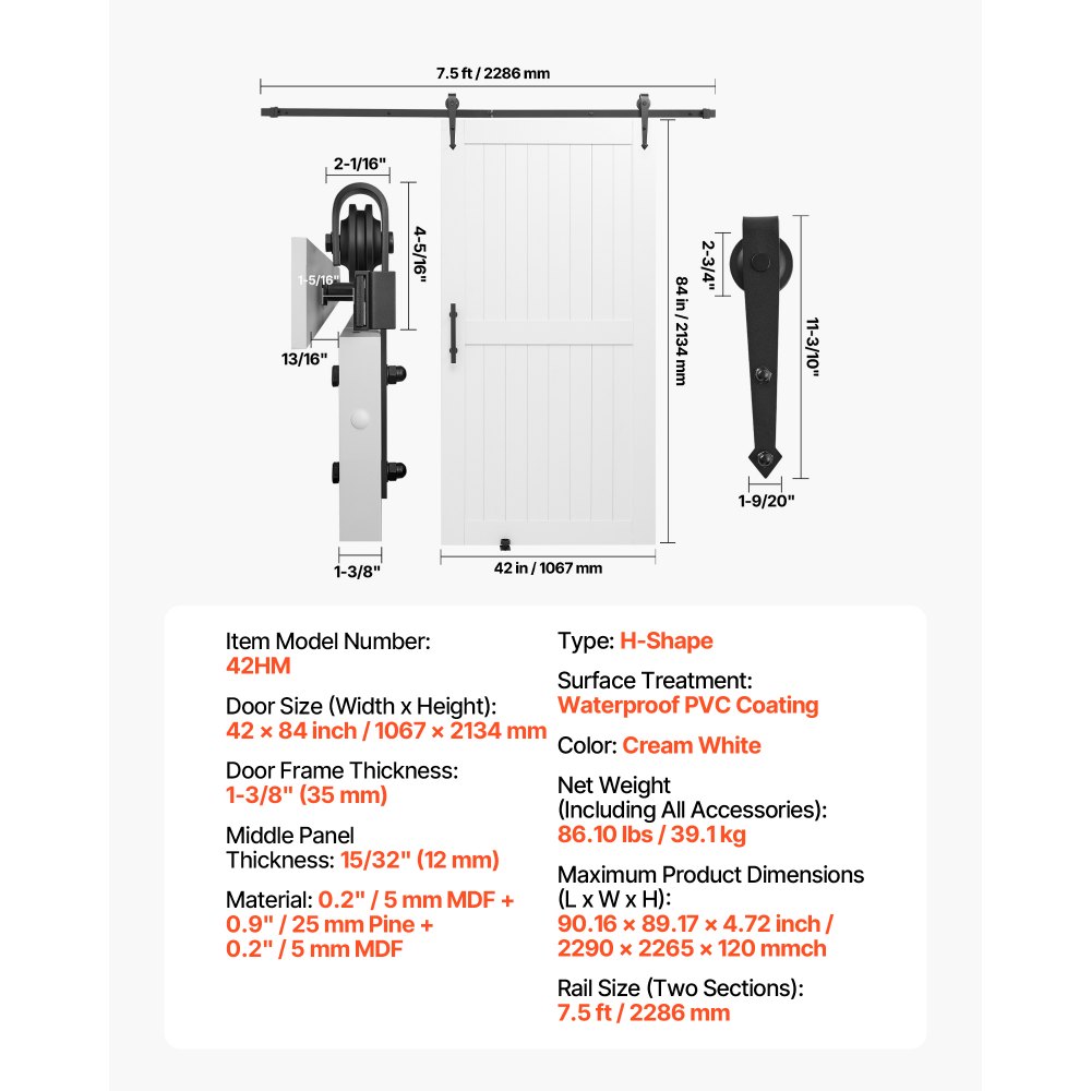 VEVOR Schiebetür im Scheunenstil Schiebetürsystem (1067 x 2134 mm) aus hochfesten MDF-Platten, Scheunentor mit Hardware-Kit & wasserfester PVC-Oberfläche & H-Rahmen für Wohnzimmer Badezimmer Weiß