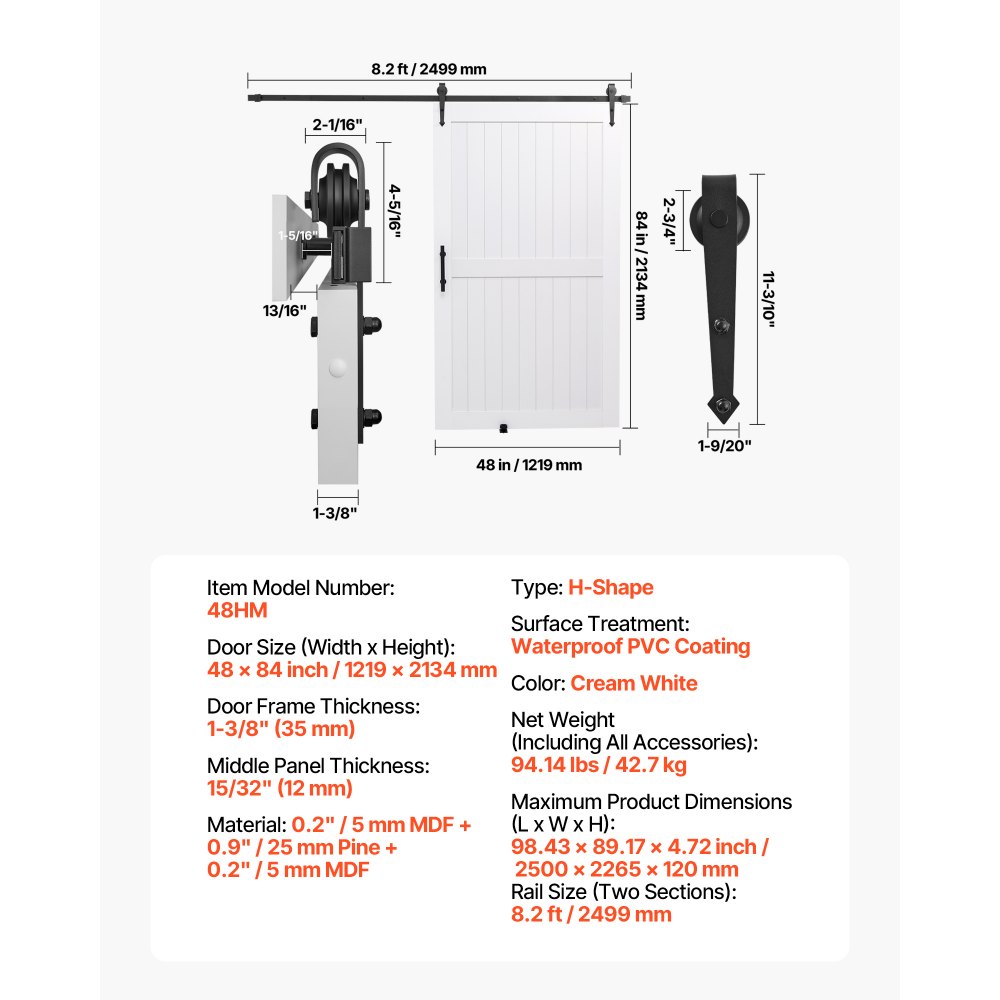 VEVOR Schiebetür im Scheunenstil Schiebetürsystem (1219 x 2134 mm) aus hochfesten MDF-Platten, Scheunentor mit Hardware-Kit & wasserfester PVC-Oberfläche & H-Rahmen für Wohnzimmer Badezimmer Weiß