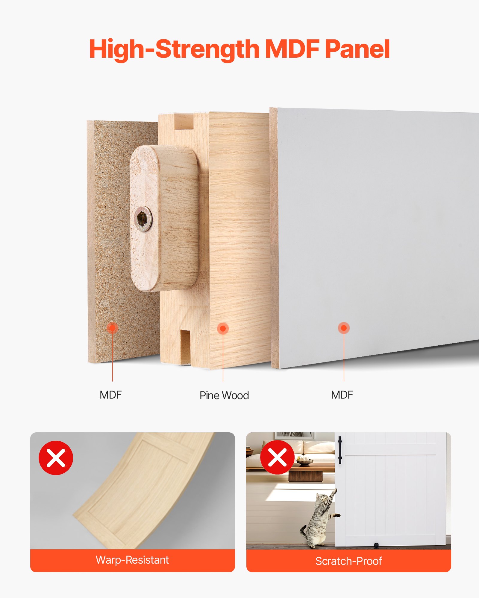 VEVOR Schiebetür im Scheunenstil Schiebetürsystem (1219 x 2134 mm) aus hochfesten MDF-Platten, Scheunentor mit Hardware-Kit & wasserfester PVC-Oberfläche & H-Rahmen für Wohnzimmer Badezimmer Weiß