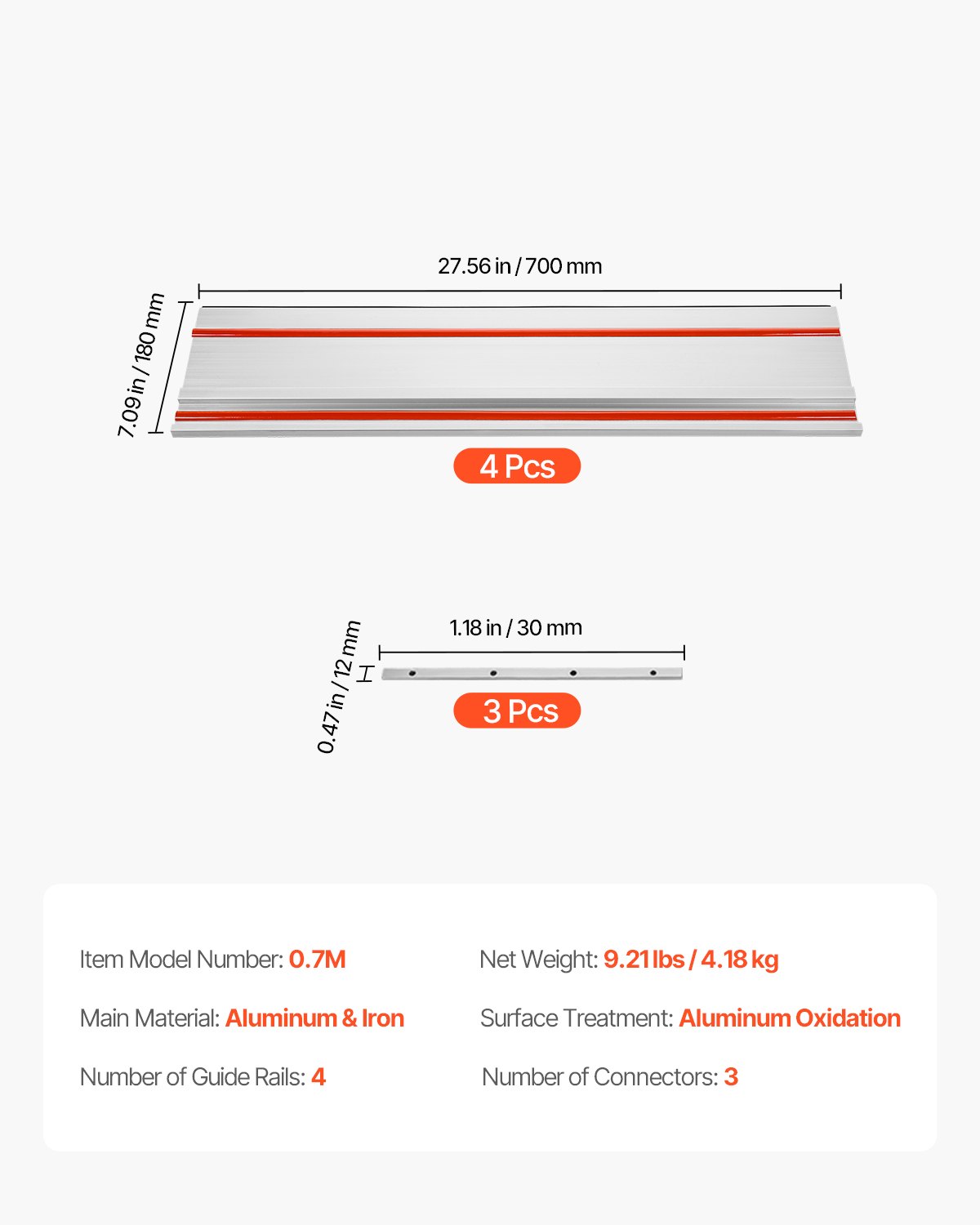 VEVOR Führungsschiene für Tauchsägen, 700x180 mm, 4er-Set Schienen aus extrudiertem Aluminium und 3 Verbindungsstücken, kompatibel mit Tauchsägen von Makita, Festool und WEN, für Holzbearbeitung