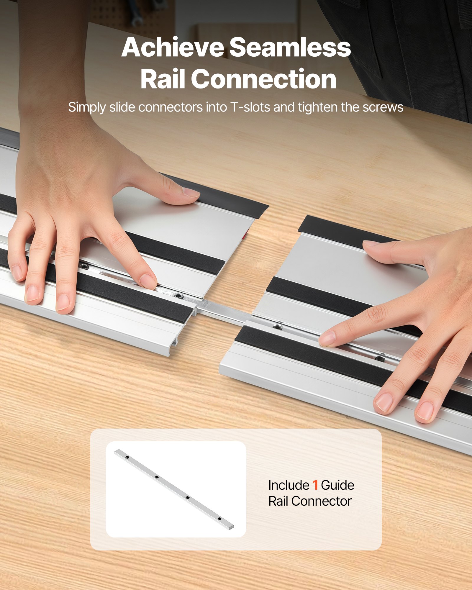 VEVOR Track Saw Guide Rail, 1397 mm Cutting Range, Kit Includes 2 x 698.5 mm Aluminum Extruded Guide Rails and 1 Connector, Compatible with Makita, Festool & WEN Track Saws, for Woodworking Projects