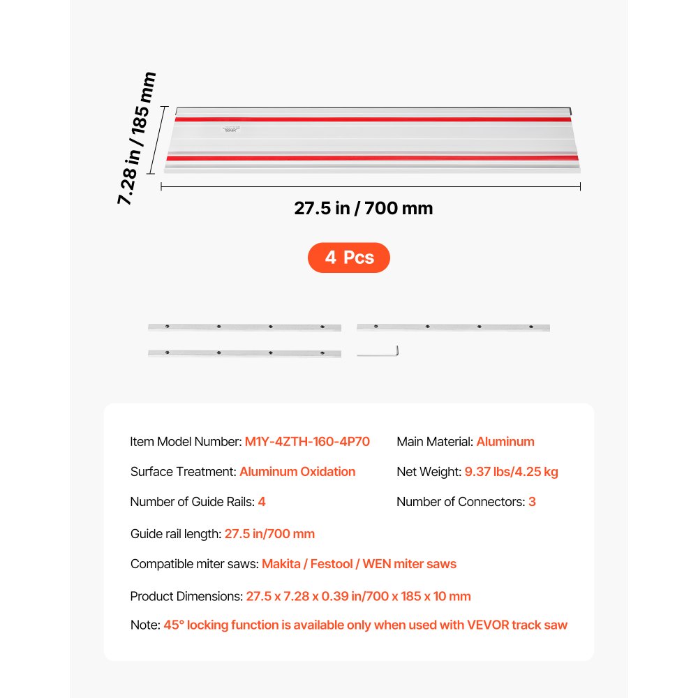 VEVOR Führungsschiene Handkreissäge, inkl. 4 Stk. 700 mm Aluminium-Kreissägeschiene & 3 Verbindungsstücke, kompatibel mit verschiedenen Marken von Tauchsägen, für Holzbearbeitungsprojekte
