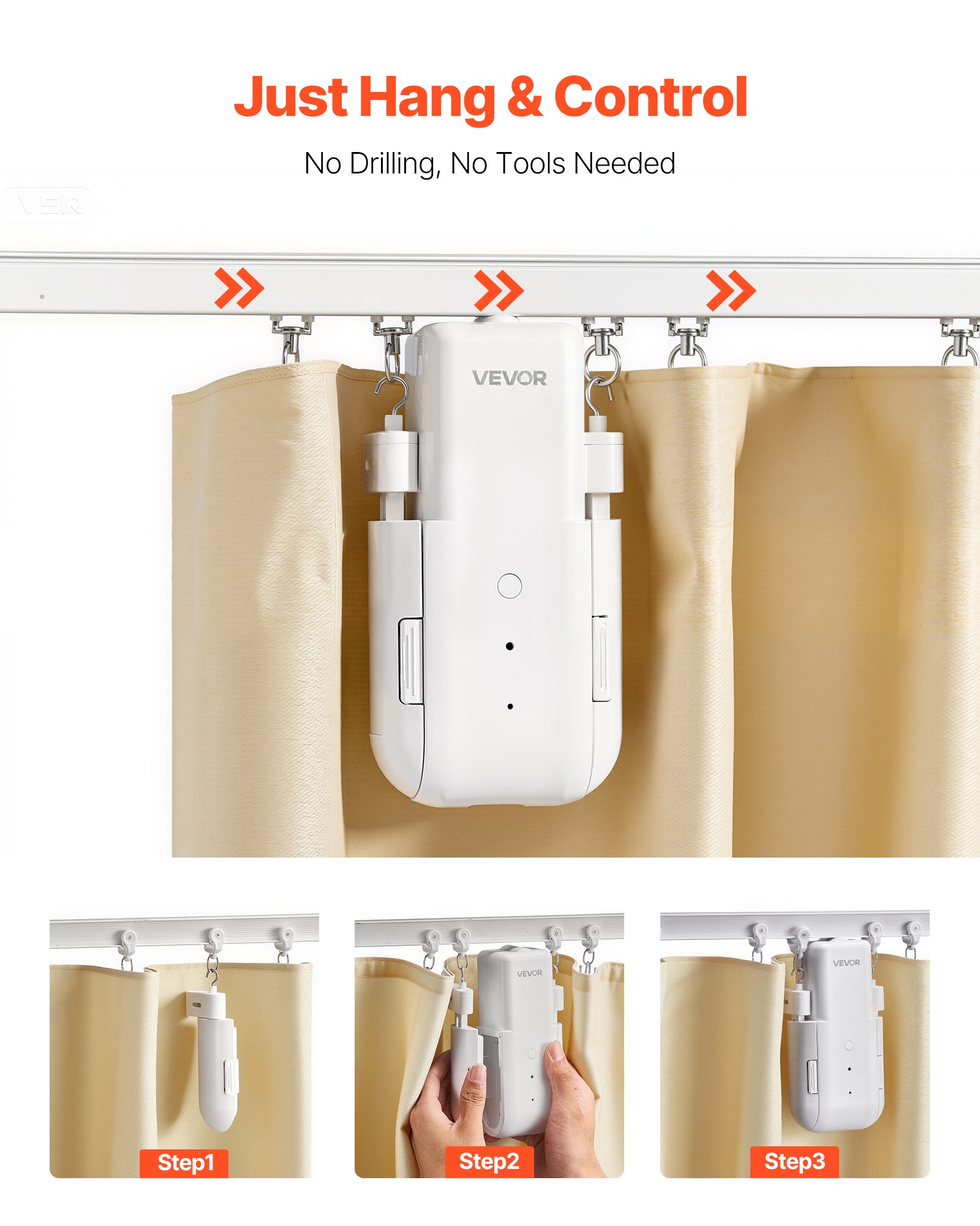 VEVOR Automatic Curtain Opener, APP and Remote Control, Hub Included, Electric Smart Curtain Opener Compatible with Alexa and Google Home, Timed Opening and Closing, for U-shaped/I-shaped Rails