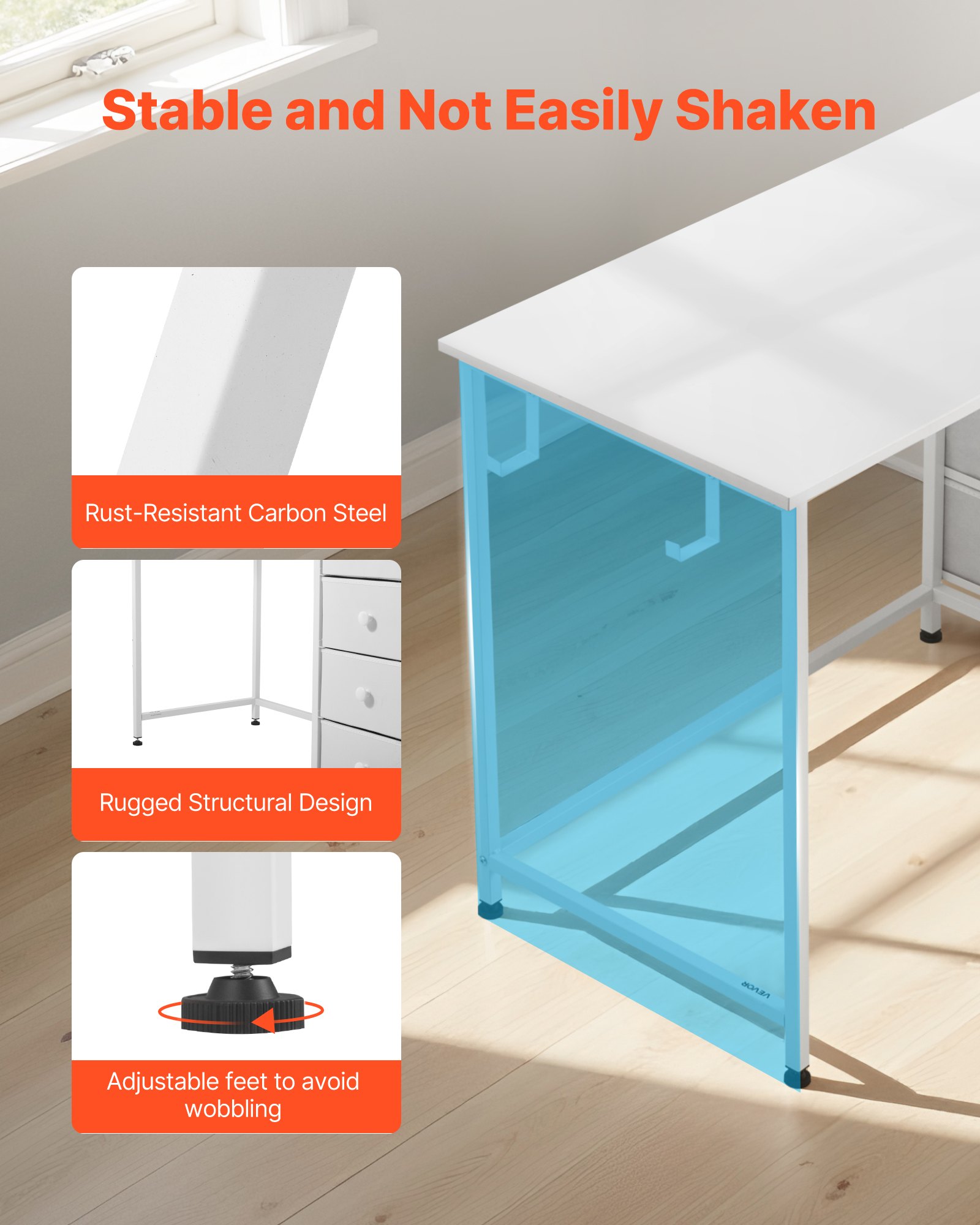 VEVOR Computertisch Bürotisch Schreibtisch (120 x 50 cm Tischplatte), moderner Arbeitstisch mit Stoffschubladen & 99 kg Tragkraft & Aufbewahrungshaken für Homeoffice Arbeitszimmer Wohnzimmer, Weiß