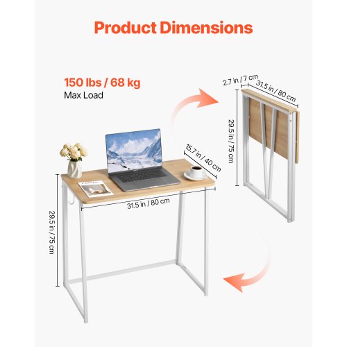 VEVOR kleiner Klappschreibtisch Schreibtisch faltbar 80 x 48 cm (Tischplatte), platzsparender Computertisch mit Aufbewahrungshaken, Bürotisch mit 68 kg Tragkraft Eiche für kompakte Räume Homeoffice