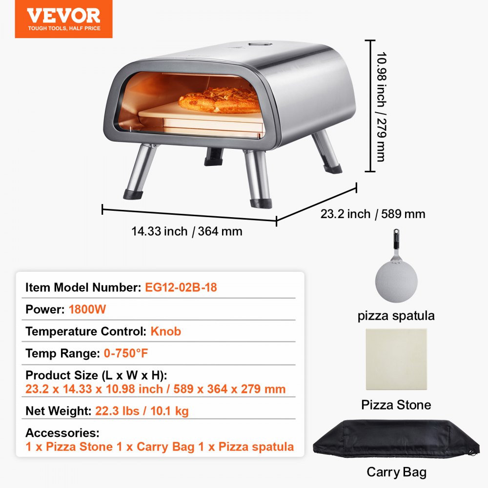 VEVOR elektrischer Pizzaofen Backofen 305 mm, Pizzamaker aus Edelstahl mit Pizzastein, Spatel, Doppelknopf, heizt bis zu 427 °C auf, Mehrzweck-Pizzaofen zum Backen von Brezeln im Restaurant zu Hause