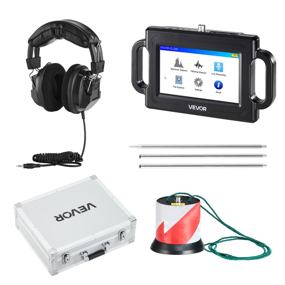 VEVOR Pipe Water Leak Detector, 1Hz-5000Hz, LCD Touchscreen Pipeline Leakage Detection Locator for 2m Underground Plumbing – with Sensor, 3 Listening Rods, Headphones, 8GB Card & Carry Case