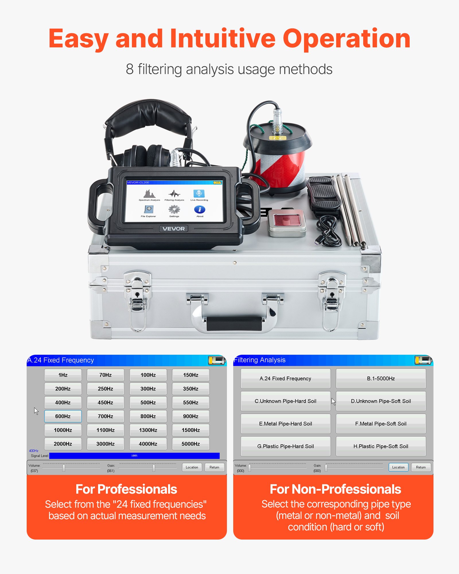 VEVOR Pipe Water Leak Detector, 1Hz-5000Hz, LCD Touchscreen Pipeline Leakage Detection Locator for 2m Underground Plumbing – with Sensor, 3 Listening Rods, Headphones, 8GB Card & Carry Case