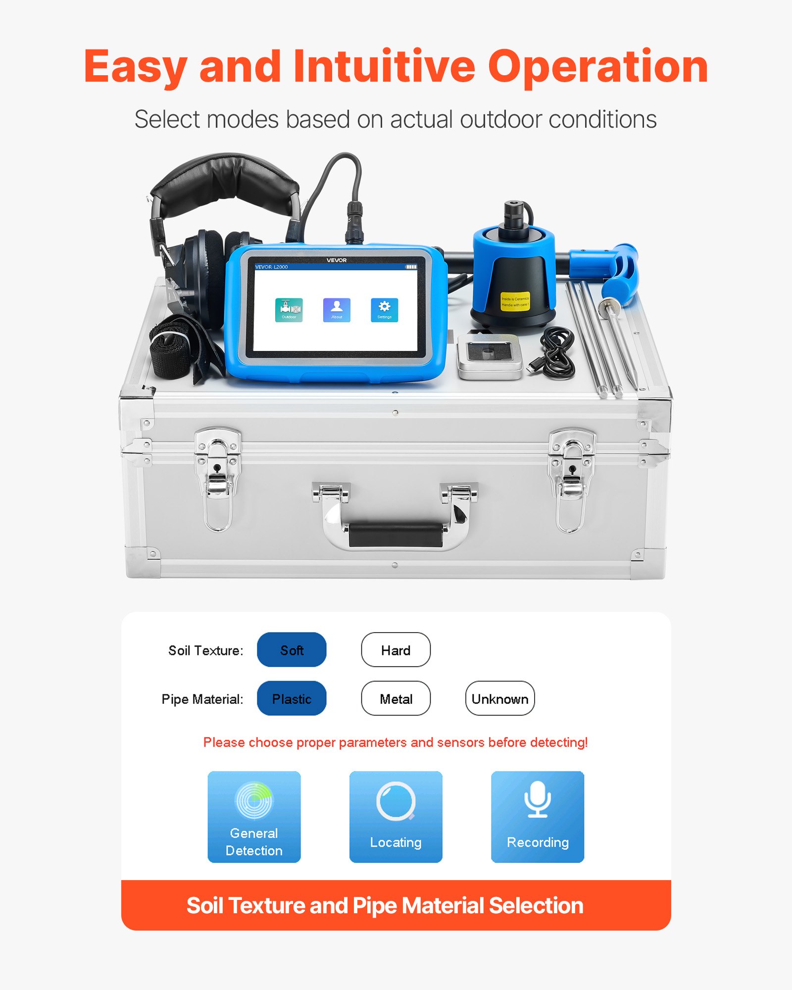 VEVOR Rohr-Wasserleckdetektor, 1 Hz – 10.000 Hz, 7-Zoll-Touchscreen, Wasserlecksuchgerät für 5 m lange unterirdische Rohrleitungen mit mittlerem Sensor, 3 Abhörstäben, Kopfhörer & Tasche