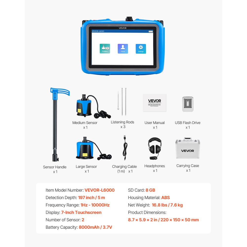 VEVOR Rohr-Wasserleckdetektor, 1 Hz – 10000 Hz, 7-Zoll-Touchscreen-Lecksuchgerät für 5 m lange unterirdische Rohrleitungen – mit mittlerem & großem Sensor, 3 Abhörstäben, Kopfhörer & Etui