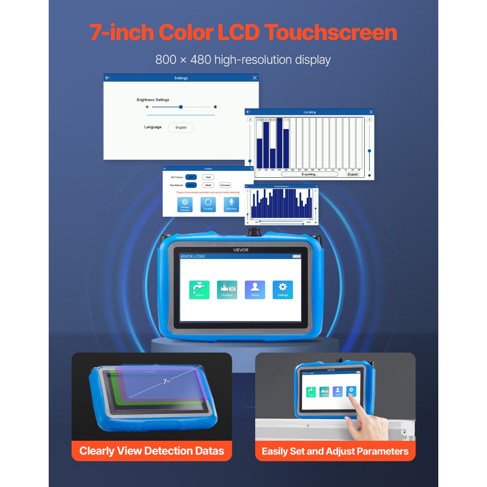 VEVOR Rohr-Wasserleckdetektor mit 4 Sensoren, 1 Hz–10000 Hz, 7-Zoll-Touchscreen, Ortungsgerät für unterirdische Rohrleitungen mit 3 Abhörstäben, Kopfhörer, 8-GB-Karte & Tragetasche