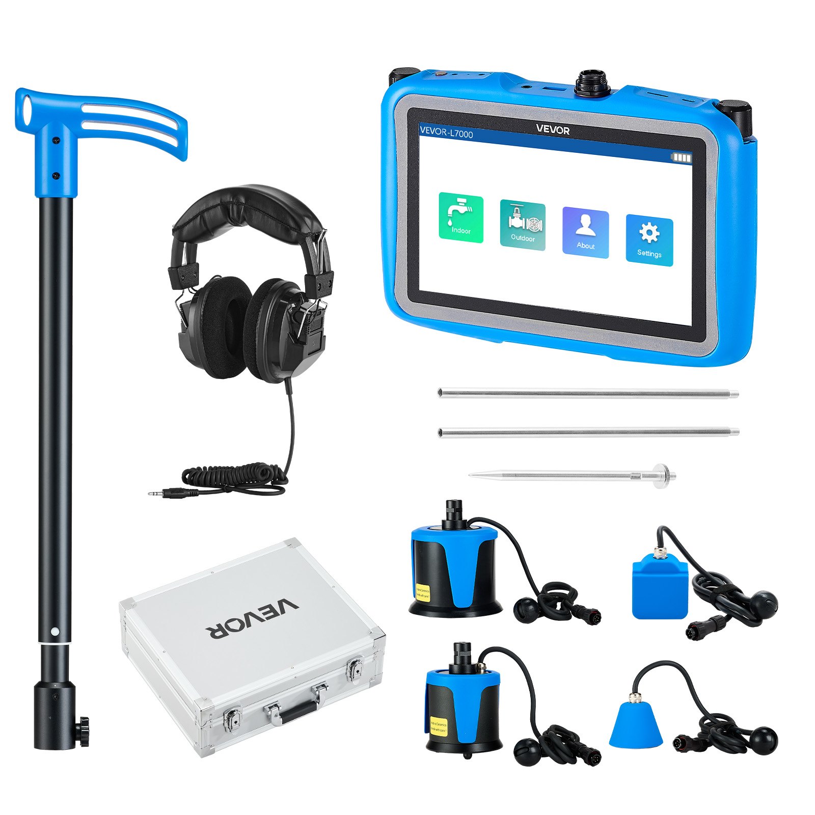 VEVOR Rohr-Wasserleckdetektor mit 4 Sensoren, 1 Hz–10000 Hz, 7-Zoll-Touchscreen, Ortungsgerät für unterirdische Rohrleitungen mit 3 Abhörstäben, Kopfhörer, 8-GB-Karte & Tragetasche