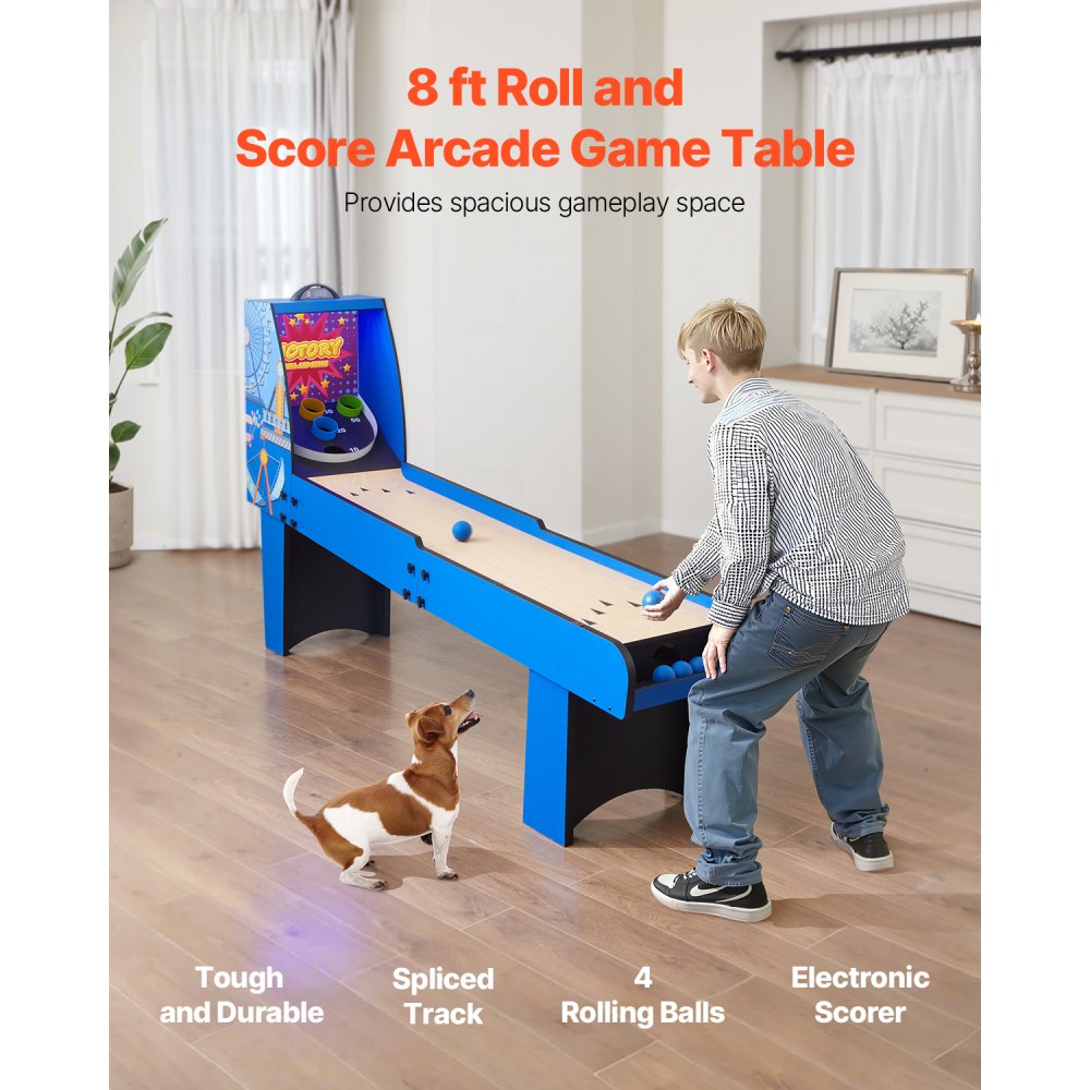 VEVOR 8 Fuß Roll und Score klassischer Arcade-Spieltisch mit elektronischem Punktezähler, Sound, automatischer Ballrückgabe für Spielzimmer für Erwachsene Familien, 4 Bälle enthalten