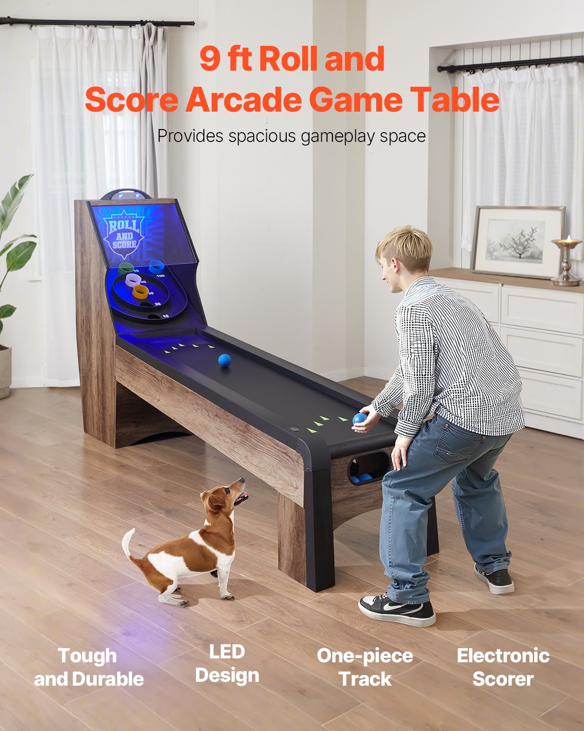 VEVOR 9 Fuß Roll und Score klassischer Arcade-Spieltisch, Indoor-Spielset mit elektronischer LED-Punkteanzeige, automatischer Ballrückgabe für Hausparty 4 Bälle enthalten