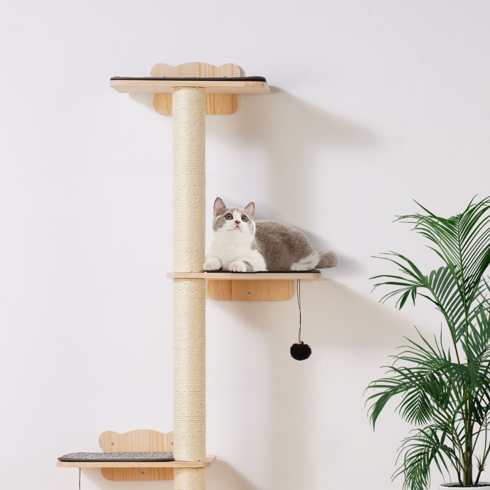 VEVOR Kratzbaum mit 4 Ebenen, Wandmöbel-Set für Katzen mit 4 Sprungbrettern, wandmontiertes schwebendes Katzenregal bis zu 18 kg, 12 mm Katzensitzstange aus Kiefernholz zum Schlafen, Spielen und Klettern
