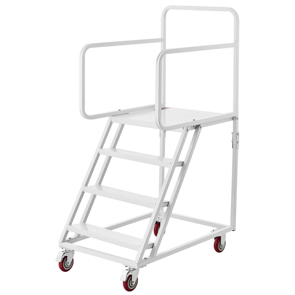 VEVOR 4-Stufige Rolltreppe Mobile Lagertreppe Lagerleiter 400kg Tragkraft, Rollleiter für Lager Werkstatt Supermarkt & Bibliothek, Stahlkonstruktion, mit Handläufen, Rutschfesten Pedalen & Bremsrollen