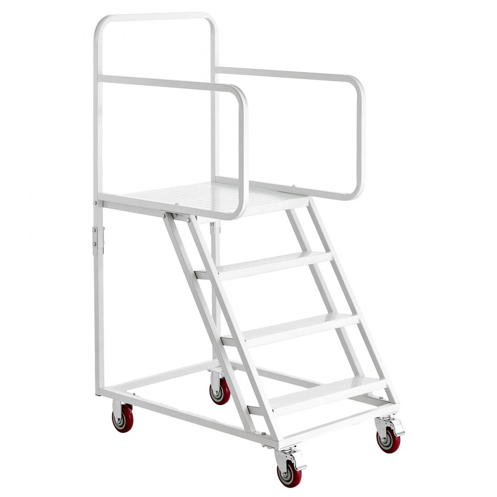 VEVOR 4-Stufige Rolltreppe Mobile Lagertreppe Lagerleiter 400kg Tragkraft, Rollleiter für Lager Werkstatt Supermarkt & Bibliothek, Stahlkonstruktion, mit Handläufen, Rutschfesten Pedalen & Bremsrollen