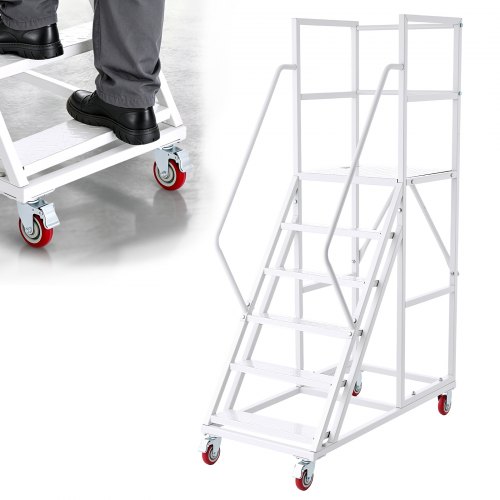 VEVOR 6-Stufige Rolltreppe Mobile Lagertreppe Lagerleiter 500kg Tragkraft, Rollleiter für Lager Fabrik Supermarkt & Bibliothek, Stahlkonstruktion, mit Handläufen, Rutschfesten Pedalen & Bremsrollen