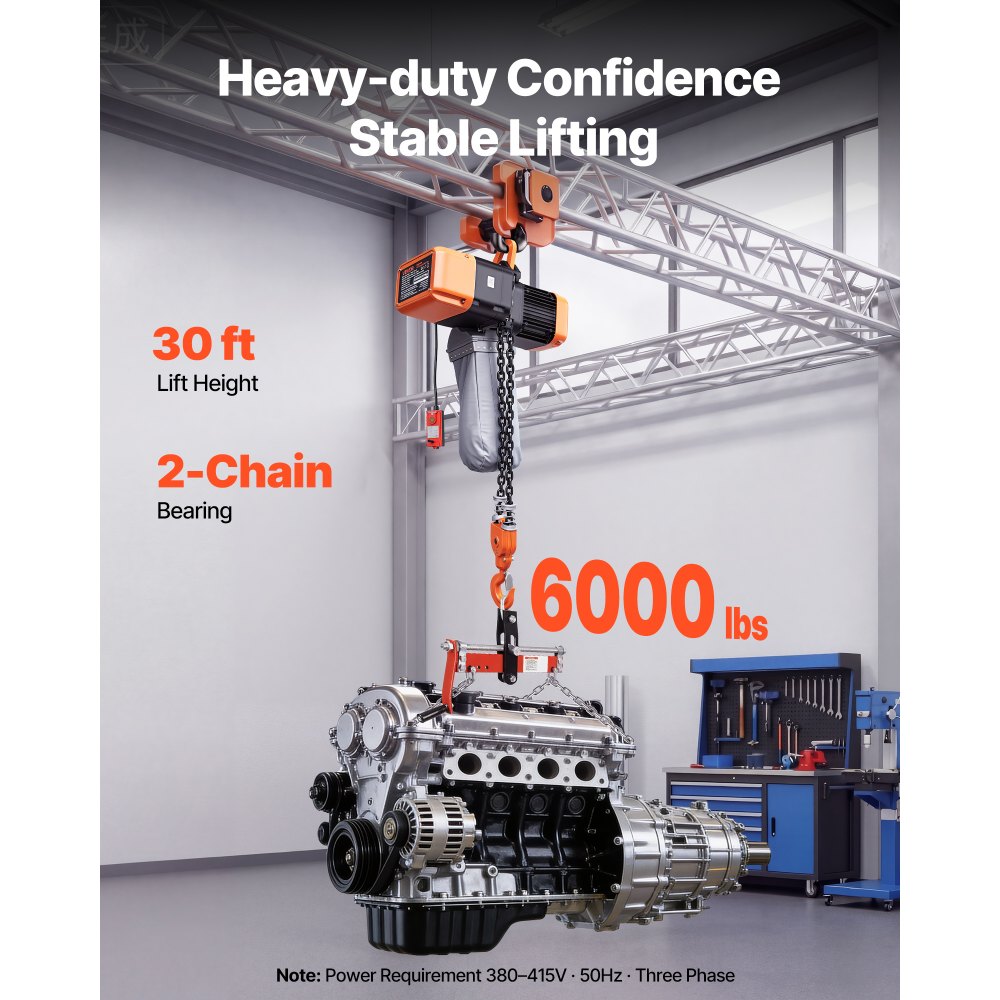VEVOR 2721 kg Electric Chain Hoist, 9.1 m Lifting Height, Three-Phase Overhead Crane with 100 m Wireless & 8.2 m Wired Remote Control, Double G100 Chain Hoist for Factories, Warehouses, Garages