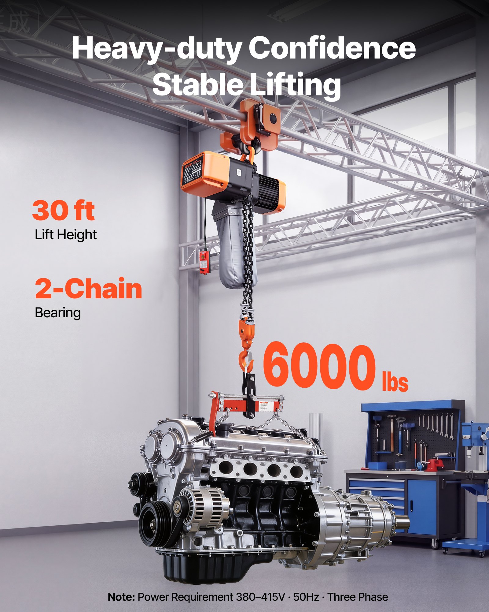 VEVOR 2721 kg Electric Chain Hoist, 9.1 m Lifting Height, Three-Phase Overhead Crane with 100 m Wireless & 8.2 m Wired Remote Control, Double G100 Chain Hoist for Factories, Warehouses, Garages
