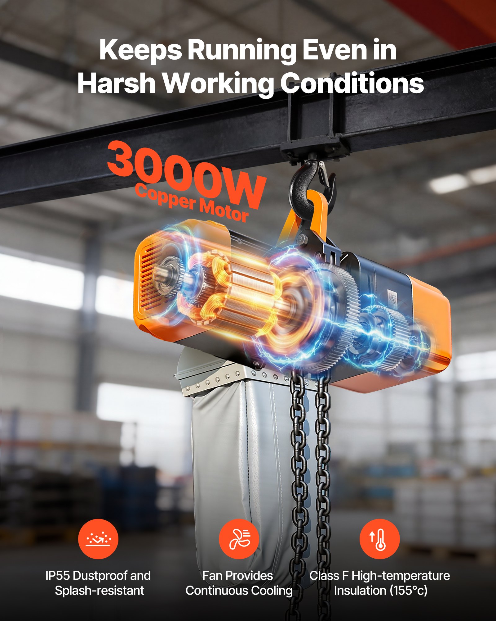 VEVOR 2721 kg Electric Chain Hoist, 9.1 m Lifting Height, Three-Phase Overhead Crane with 100 m Wireless & 8.2 m Wired Remote Control, Double G100 Chain Hoist for Factories, Warehouses, Garages