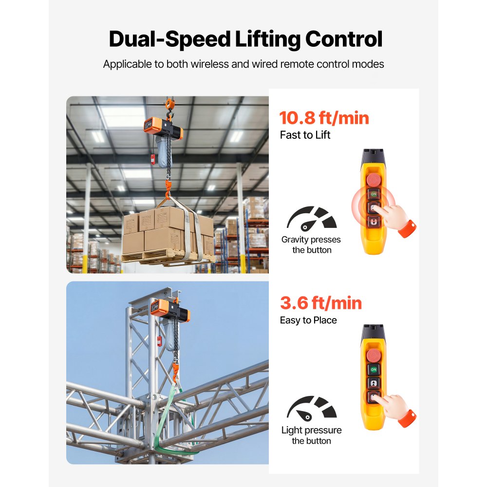 VEVOR 5000 kg Electric Chain Hoist, 9.1 m Lifting Height, Three-Phase Overhead Crane with 100 m Wireless & 8.2 m Wired Remote Control, Double G100 Chain Hoist for Factories, Warehouses, Garages