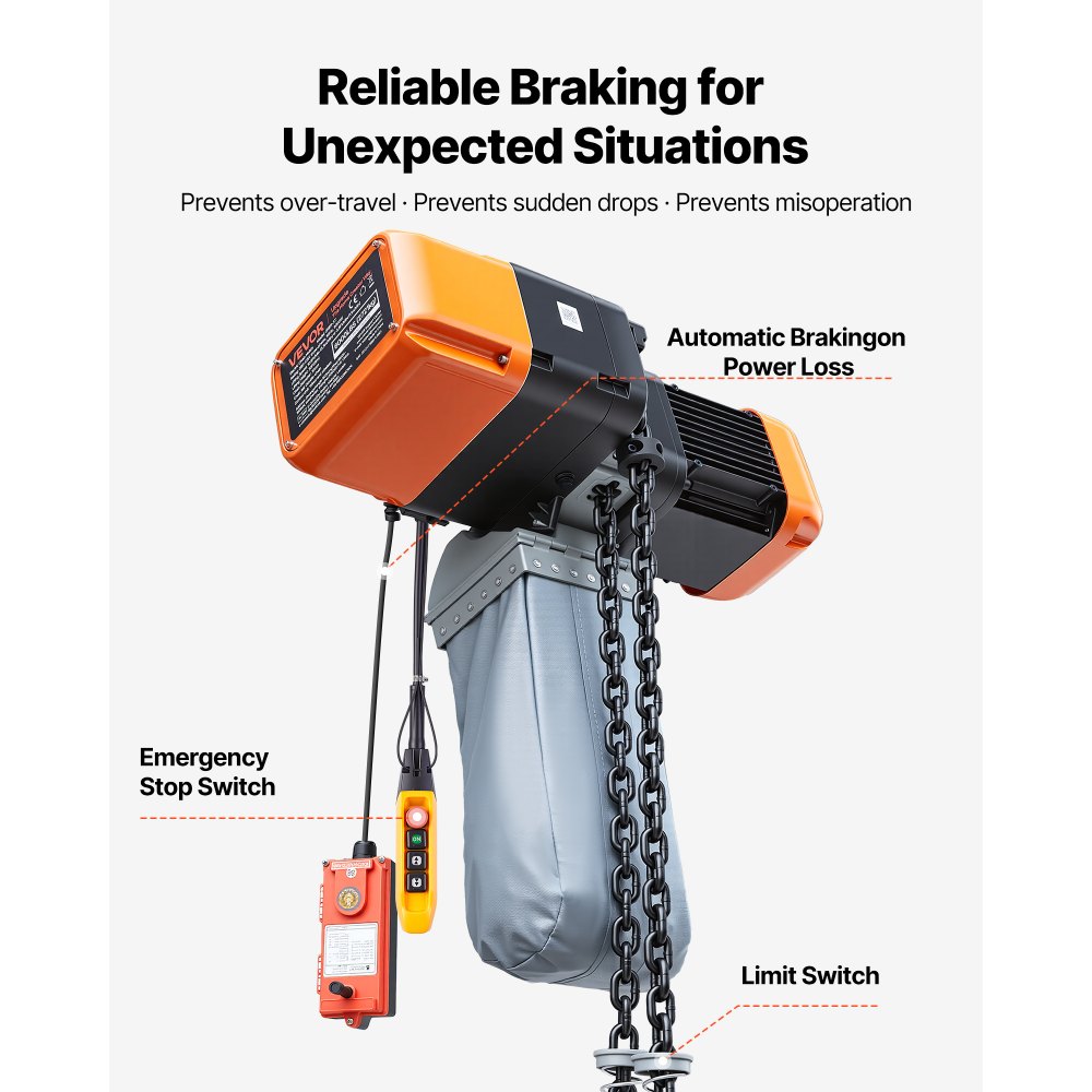 VEVOR 5000 kg Electric Chain Hoist, 9.1 m Lifting Height, Three-Phase Overhead Crane with 100 m Wireless & 8.2 m Wired Remote Control, Double G100 Chain Hoist for Factories, Warehouses, Garages