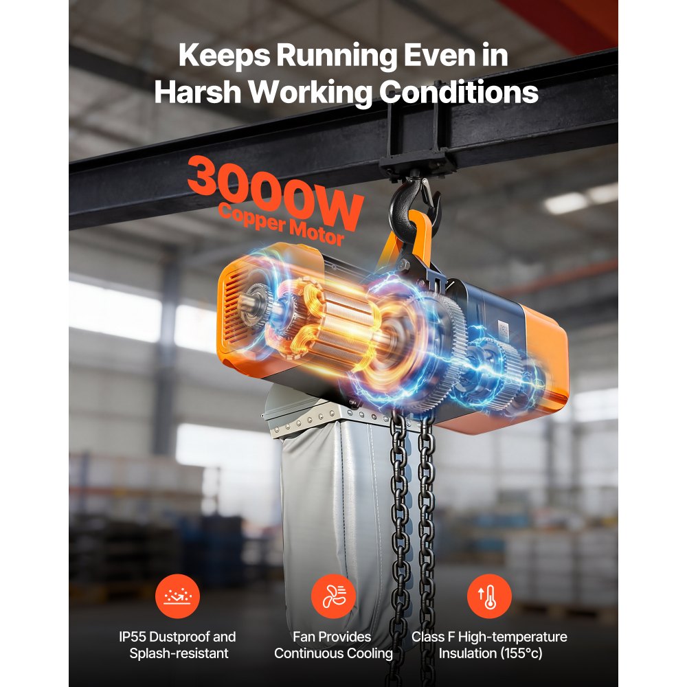 VEVOR 5000 kg Electric Chain Hoist, 9.1 m Lifting Height, Three-Phase Overhead Crane with 100 m Wireless & 8.2 m Wired Remote Control, Double G100 Chain Hoist for Factories, Warehouses, Garages