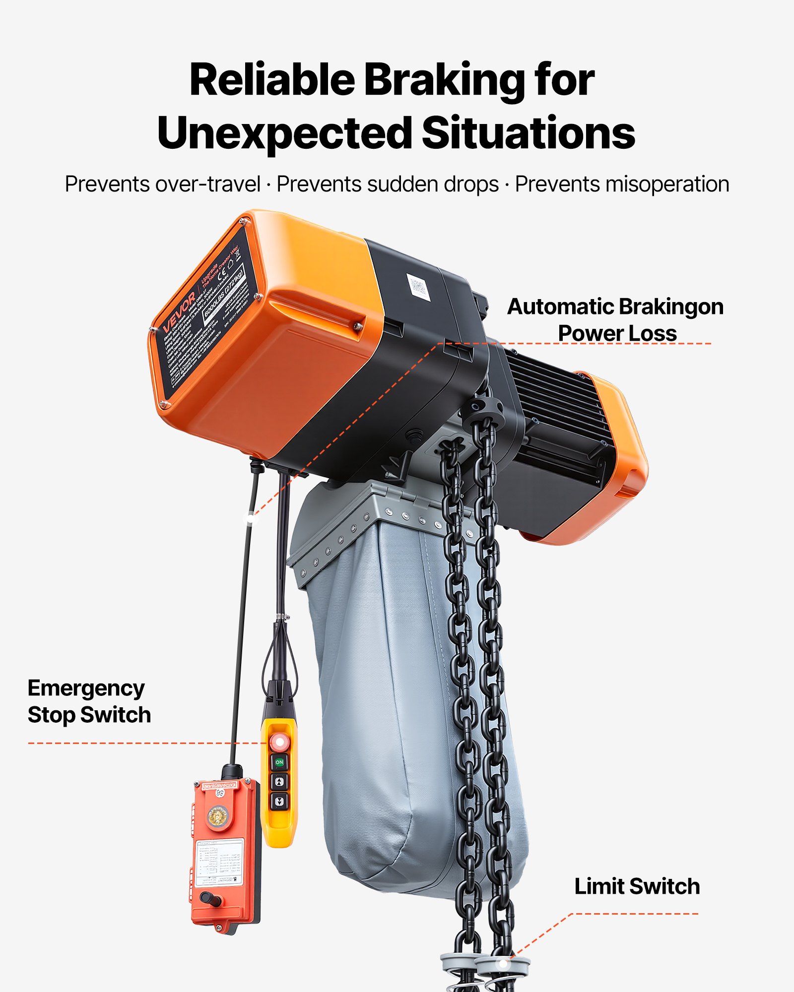 VEVOR 5000 kg Electric Chain Hoist, 9.1 m Lifting Height, Three-Phase Overhead Crane with 100 m Wireless & 8.2 m Wired Remote Control, Double G100 Chain Hoist for Factories, Warehouses, Garages