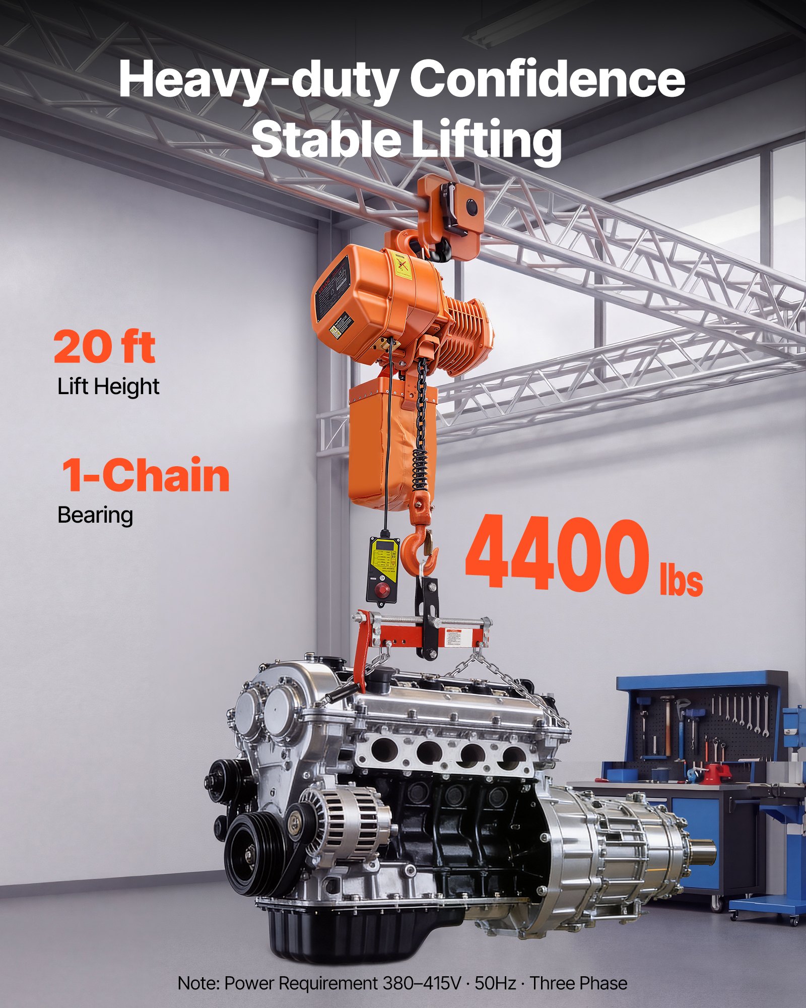 VEVOR Elektrischer Kettenzug 2000 kg, 6 m Hubhöhe, Dreiphasig-Brückenkran mit 100 m Funkfernbedienung, G100-Kette & Notstopp, Elektrokettenzug für Fabriken, Lagerhallen, Garagen