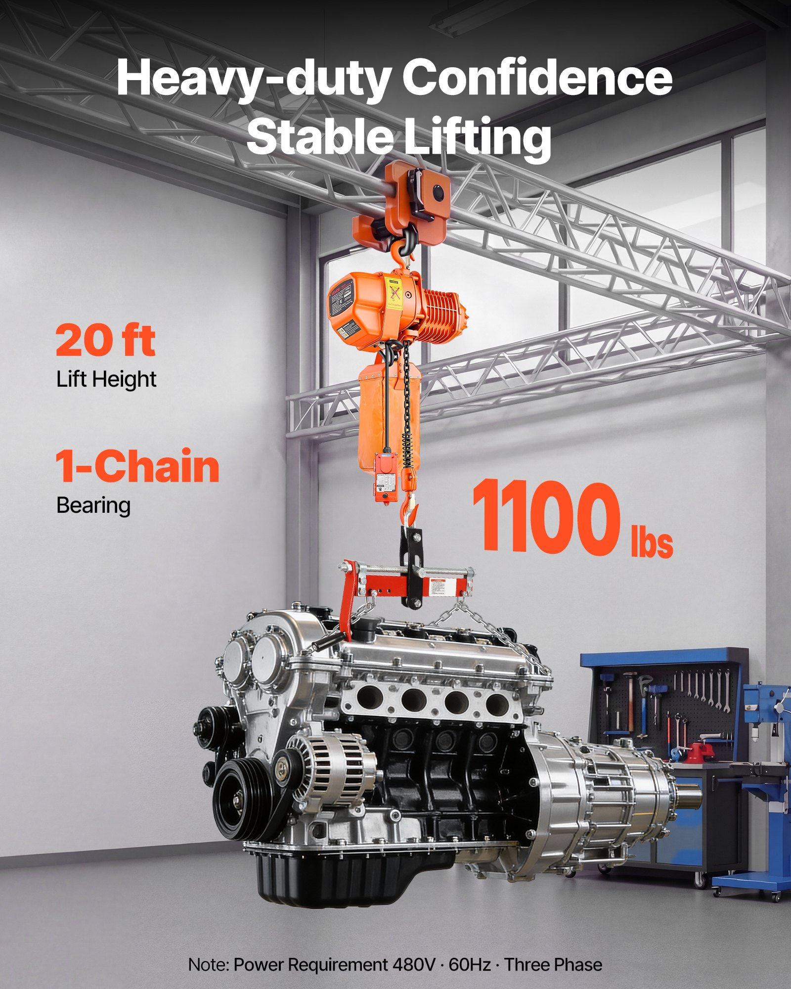 VEVOR Elektrischer Kettenzug 500 kg, 6 m Hubhöhe, Dreiphasig-Brückenkran mit 100 m Funk- & 4,5 m Kabelfernbedienung, G80-Kette, Notstopp, Elektrokettenzug für Fabriken, Lagerhallen, Garagen