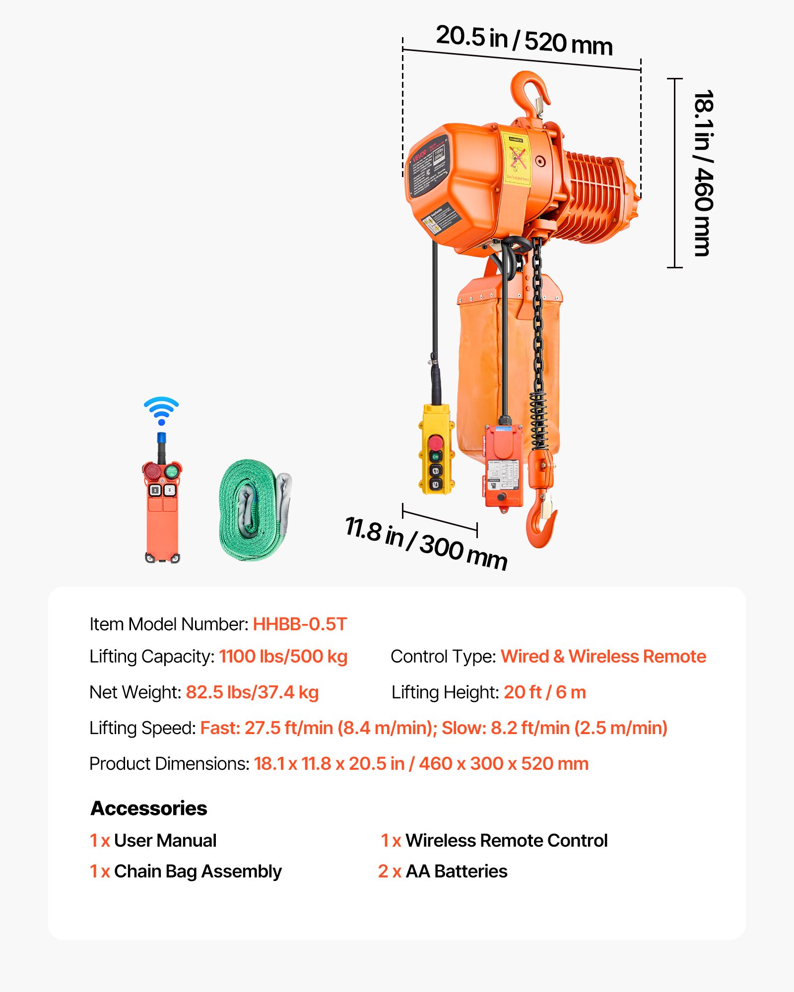 VEVOR Elektrischer Kettenzug 500 kg, 6 m Hubhöhe, Dreiphasig-Brückenkran mit 100 m Funk- & 4,5 m Kabelfernbedienung, G80-Kette, Notstopp, Elektrokettenzug für Fabriken, Lagerhallen, Garagen