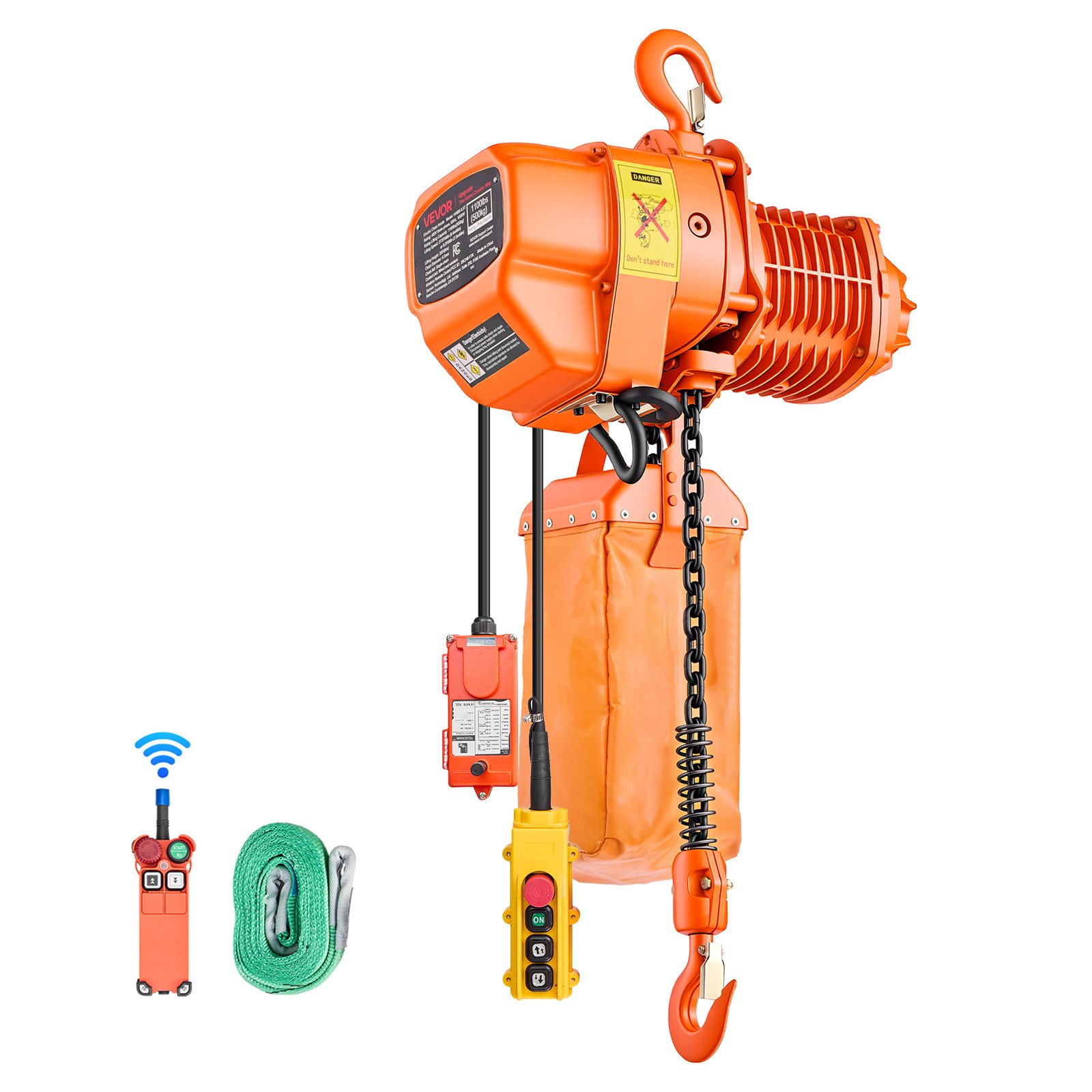 VEVOR Elektrischer Kettenzug 500 kg, 6 m Hubhöhe, Dreiphasig-Brückenkran mit 100 m Funk- & 4,5 m Kabelfernbedienung, G80-Kette, Notstopp, Elektrokettenzug für Fabriken, Lagerhallen, Garagen