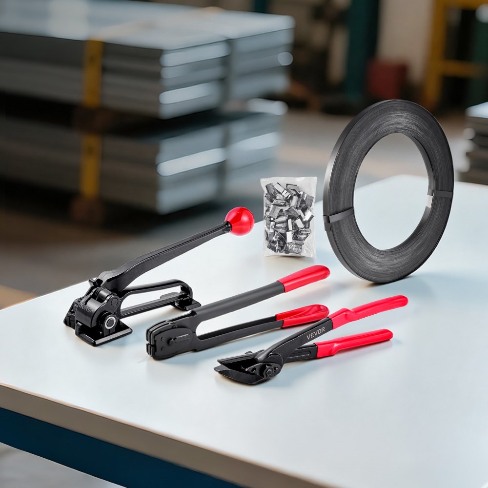 VEVOR 5 tlg Stahlband Umreifungsset, manuelle Umreifungsgerät mit 183 m Metallband, 300 Metallklammern und Schneider, pefekte Werkstattausstattung für industrielle Verpackung, Transport und Lager
