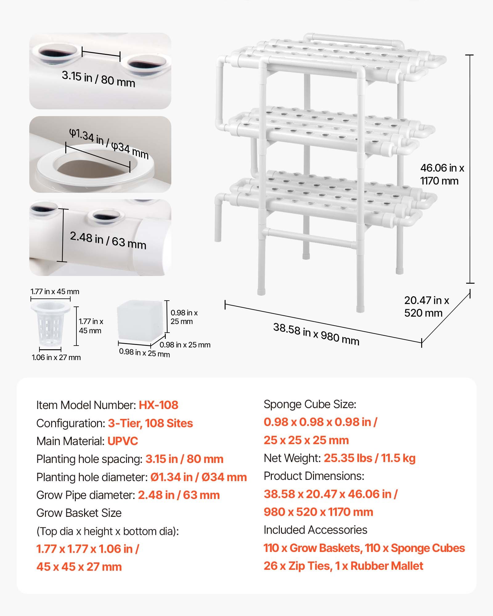 VEVOR  Hydroponisches Pflanzensystem, 3-Ebenen, 108 Steckplätze, UPVC-Rohr-Anbausystem mit Zeitschaltuhr, Hydroponik Turm, Anzucht Set, Hydroponic Grow Kit für Gemüse, Obst & Kräuter, Weiß