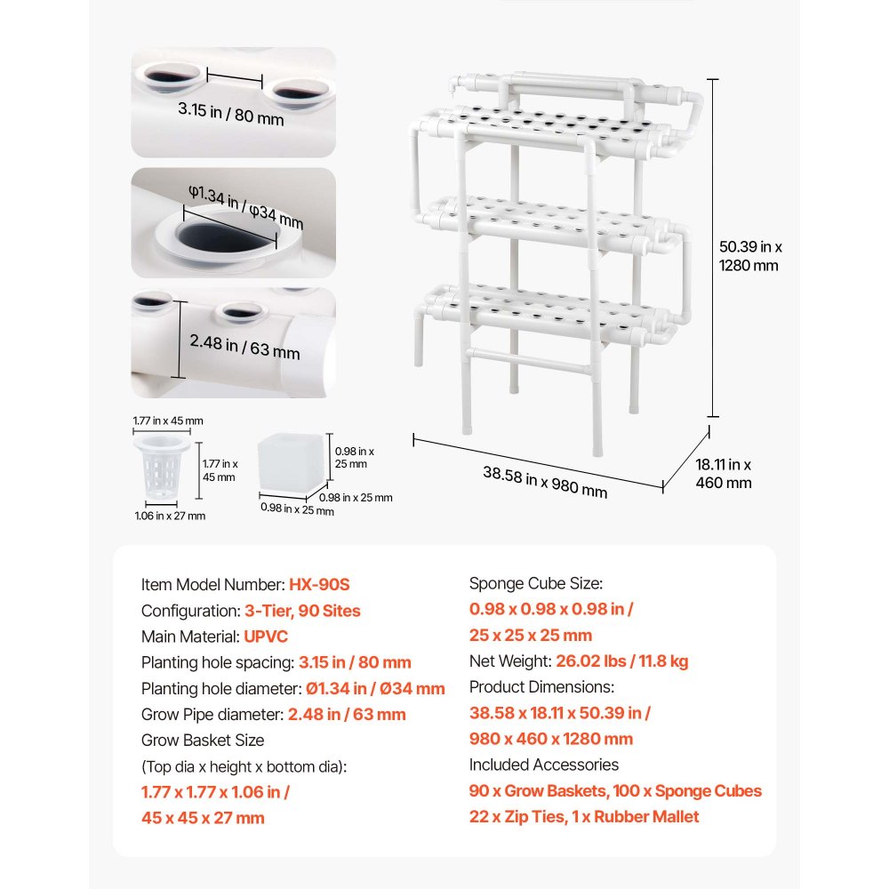 VEVOR Hydroponisches Pflanzensystem, 3-Ebenen, 90 Steckplätze, UPVC-Rohr-Anbausystem mit Zeitschaltuhr für Bewässerung, Lichtundurchlässigen Rohren, Hydroponik Turm für Gemüse, Obst & Kräuter