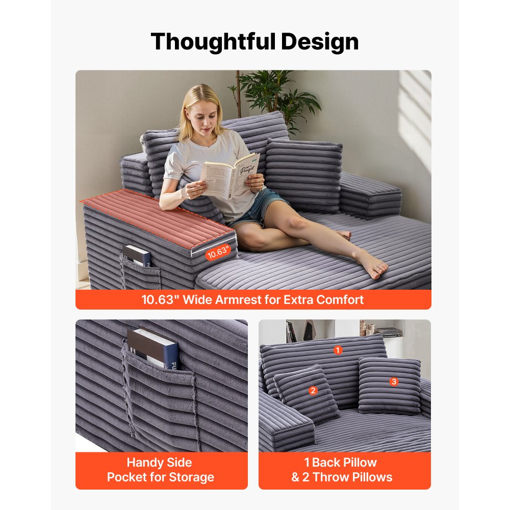 VEVOR Chaise Lounge Chair, 1240 mm Boneless Chaise Lounge Indoor, Modern Upholstered Oversized Reading Chair with Pillows & Armrests, Sofa Couch Deep Seat Sleeper for Living Room, Bedroom, Balcony