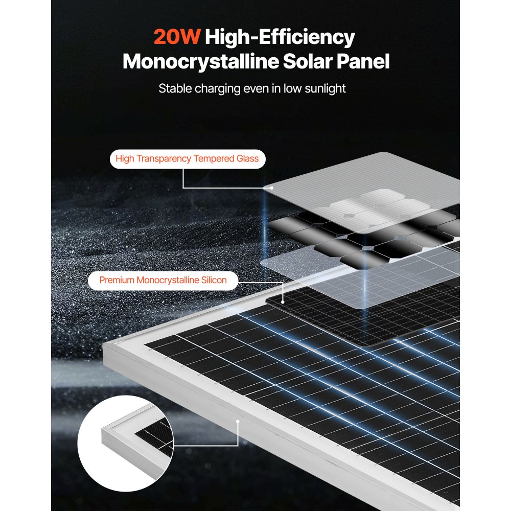 VEVOR 12V Monokristallines Solarpanel-Kit 20W, Batterieladegerät mit integriertem MPPT-Controller & verstellbarer Halterung, IP65 wasserdicht für Auto, Boot, Wohnmobil, Anhänger, Hausdach