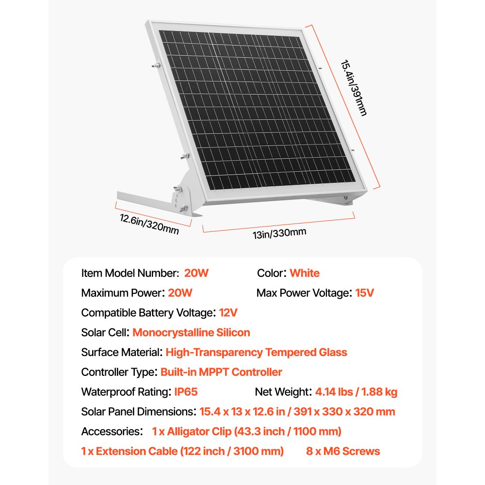 VEVOR 12V Monokristallines Solarpanel-Kit 20W, Batterieladegerät mit integriertem MPPT-Controller & verstellbarer Halterung, IP65 wasserdicht für Auto, Boot, Wohnmobil, Anhänger, Hausdach