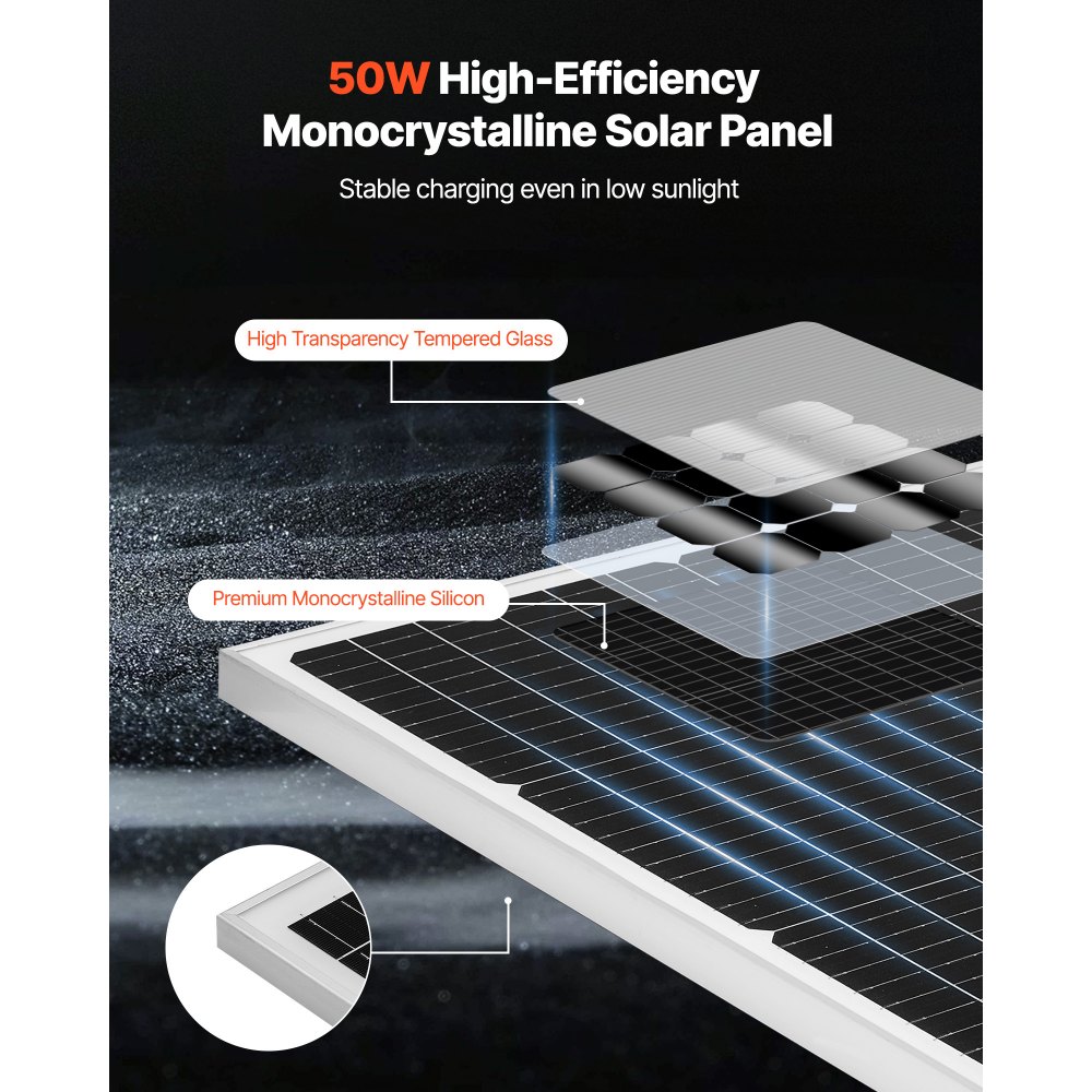 VEVOR 12V Monokristallines Solarpanel-Kit 50W, Batterieladegerät mit verbessertem MPPT-Controller & verstellbarer Halterung, IP65 wasserdicht für Auto, Boot, Wohnmobil, Anhänger, Hausdach