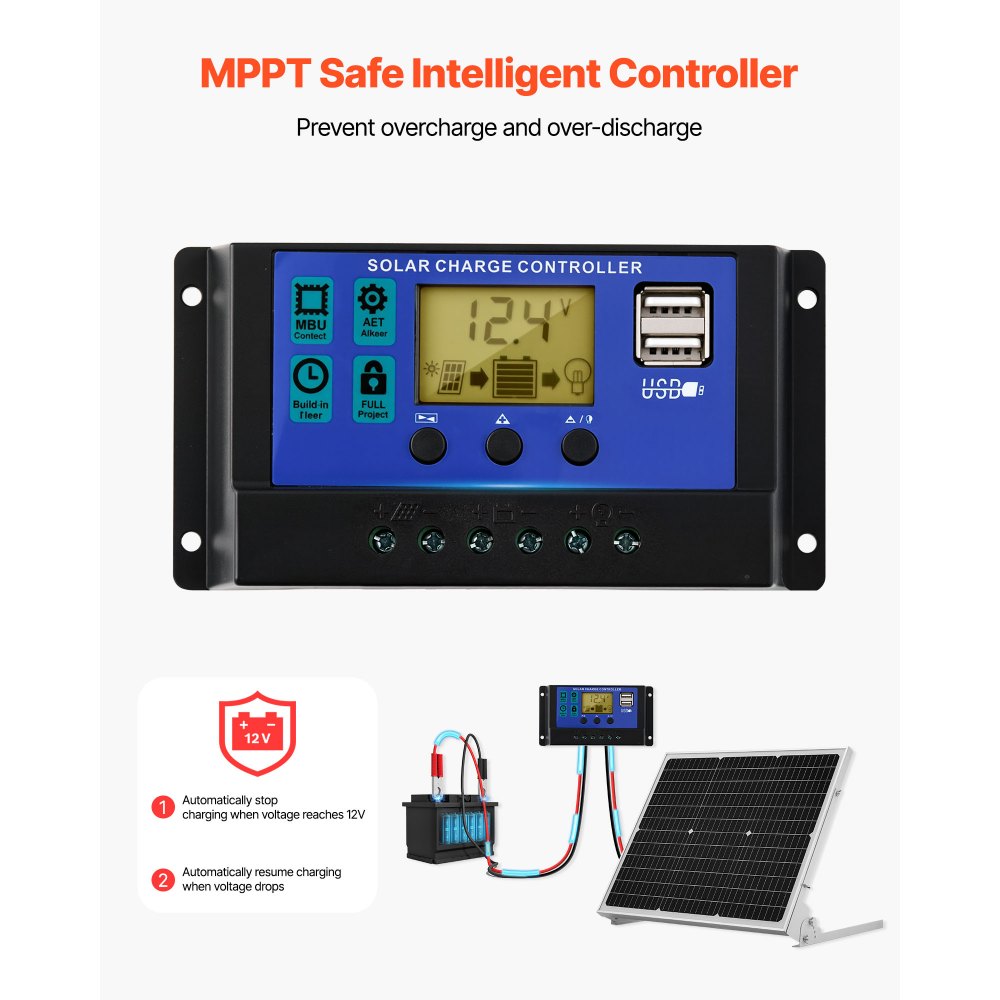 VEVOR 12V Monokristallines Solarpanel-Kit 50W, Batterieladegerät mit verbessertem MPPT-Controller & verstellbarer Halterung, IP65 wasserdicht für Auto, Boot, Wohnmobil, Anhänger, Hausdach