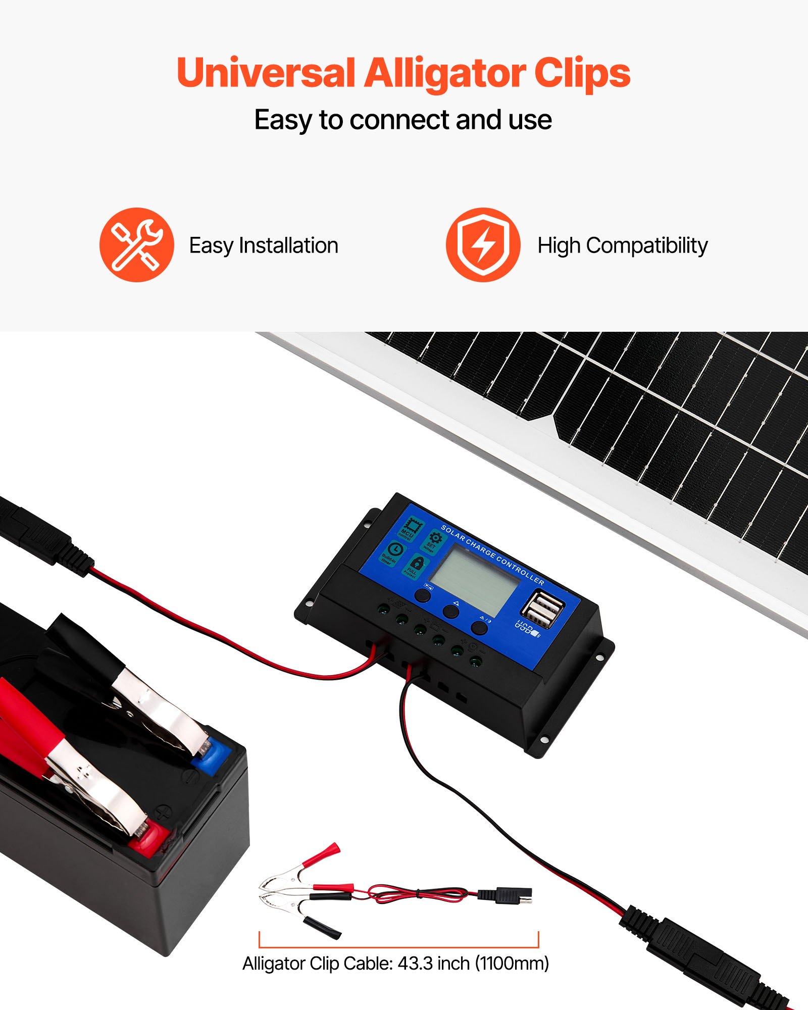 VEVOR 12V Monokristallines Solarpanel-Kit 50W, Batterieladegerät mit verbessertem MPPT-Controller & verstellbarer Halterung, IP65 wasserdicht für Auto, Boot, Wohnmobil, Anhänger, Hausdach