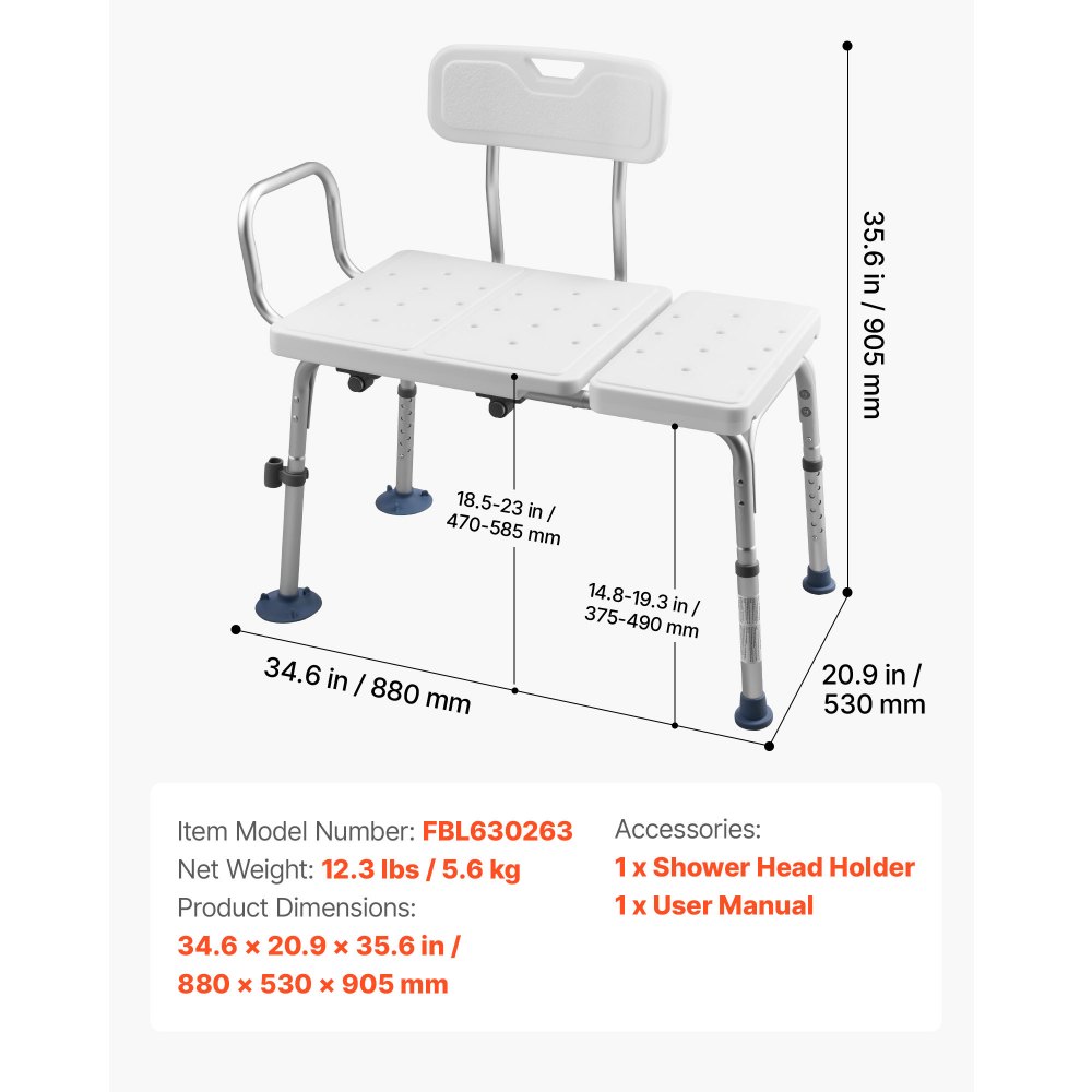 VEVOR Tub Transfer Bench for Bathtub, 180 kg Capacity Heavy Duty Shower Chair with Arm, Backrest and Curtain Slot, Height Adjustable Shower Bench Bath Seat for Adults, Seniors, Elderly and Disabled