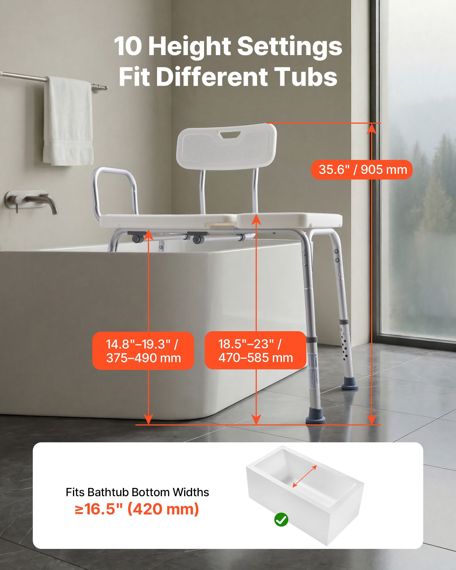 VEVOR Tub Transfer Bench for Bathtub, 180 kg Capacity Heavy Duty Shower Chair with Arm, Backrest and Curtain Slot, Height Adjustable Shower Bench Bath Seat for Adults, Seniors, Elderly and Disabled